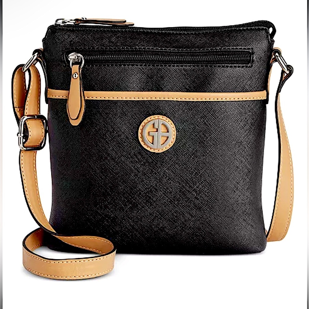 Giani Bernini Black Tan Saffiano Crossbody Bag Zip Pockets Adjustable Strap NWOT